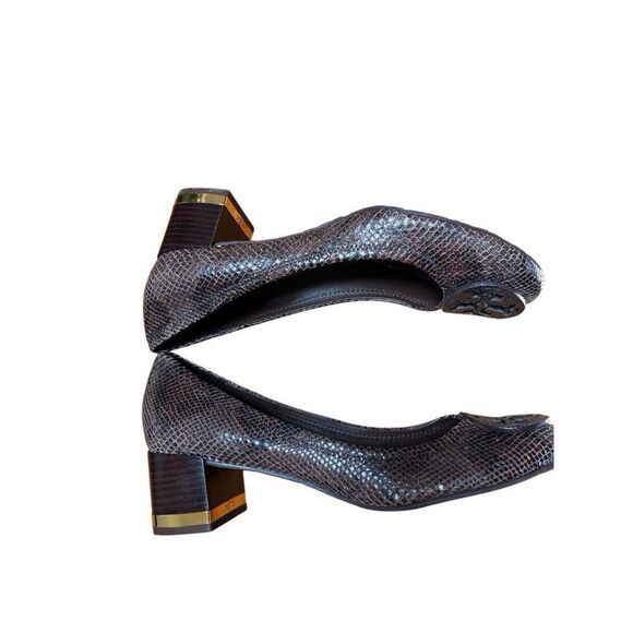 NWOB Tory Burch Amy Brown Snake Skin Leather Block Low Heels 10.5 US - Picture 6 of 16